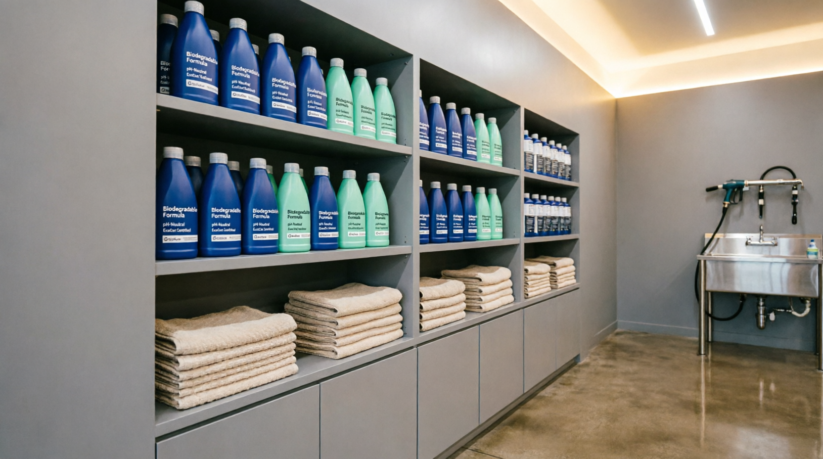 Bright, modern, and meticulously organized car wash interior workspace with eco-friendly products