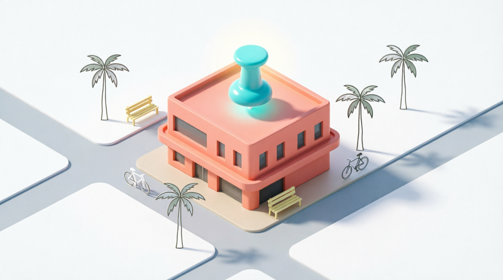 Minimalist 3D isometric map illustration of a sunny Miami neighborhood with a location pin