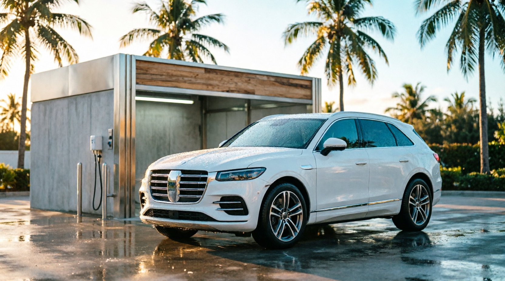 Pristine luxury vehicle at a modern eco-friendly car wash in Miami
