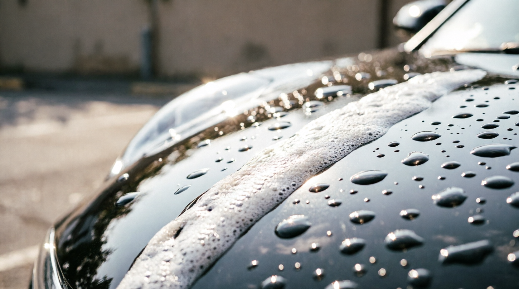 Macro photography of a sleek black car hood being hand-polished with soft biodegradable foam